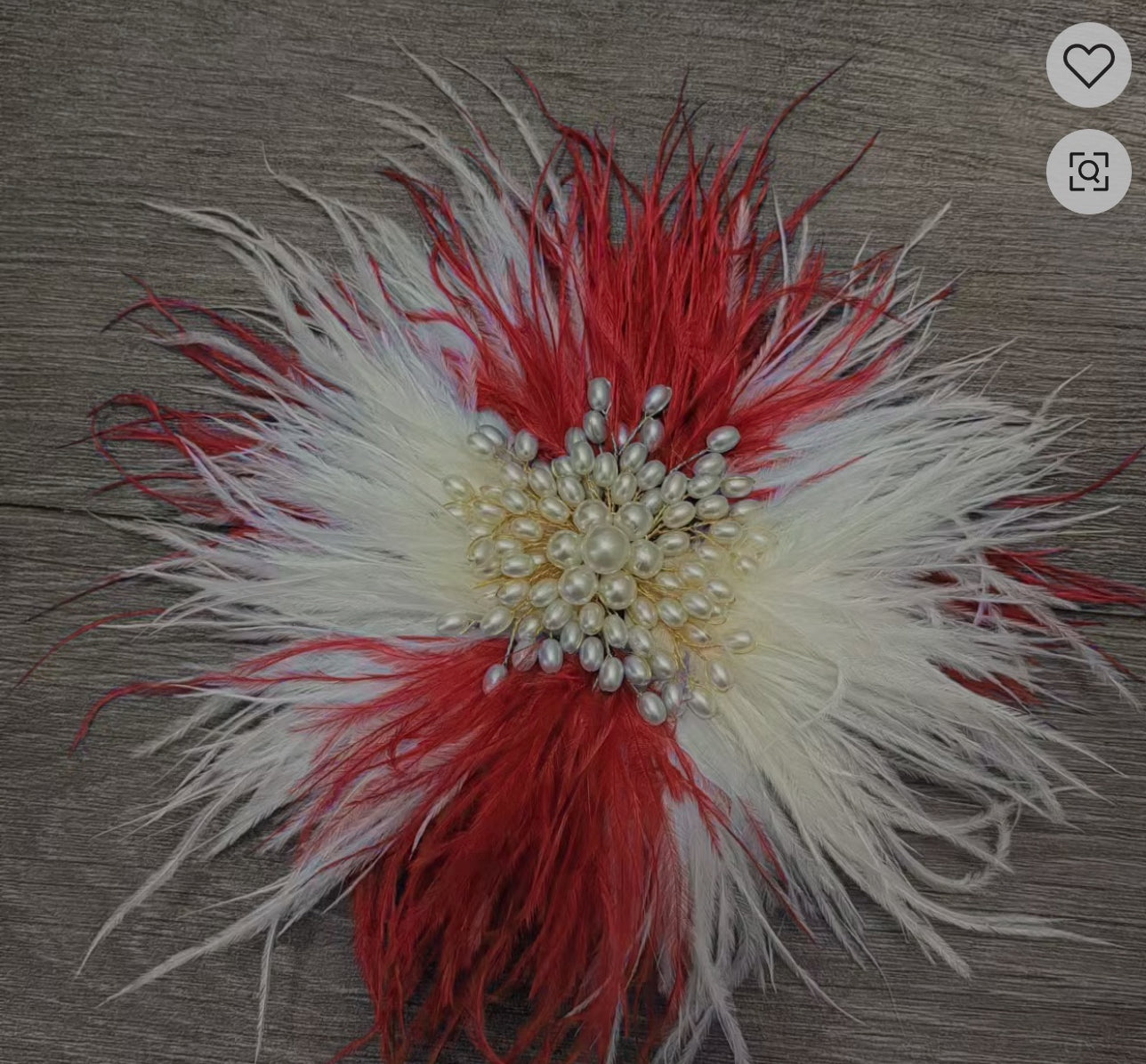 Red and White Handmade Natural Feather Big Corsage Flower with Pearls
